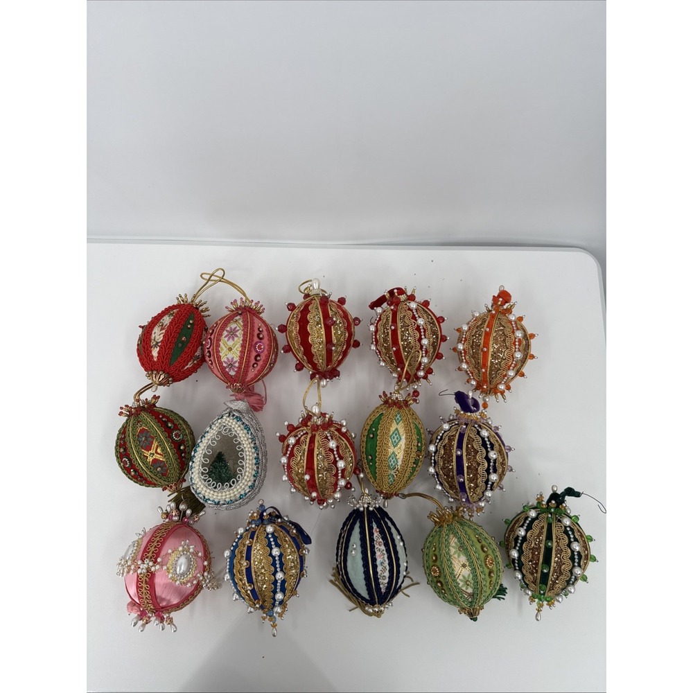 Vtg Satin Handmade Push Pin Beaded/Sequin Christmas Ornaments~LOT of 15